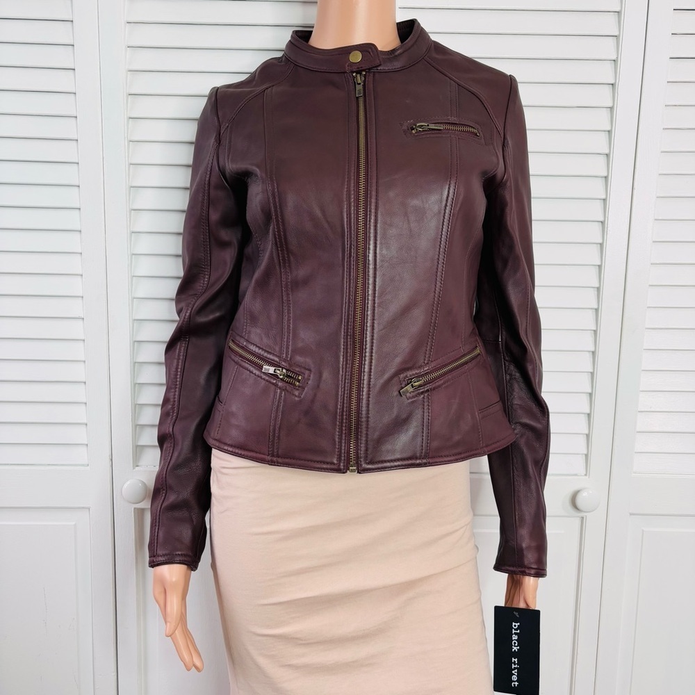 New BLACK RIVET Burgundy Leather Jacket Size Small